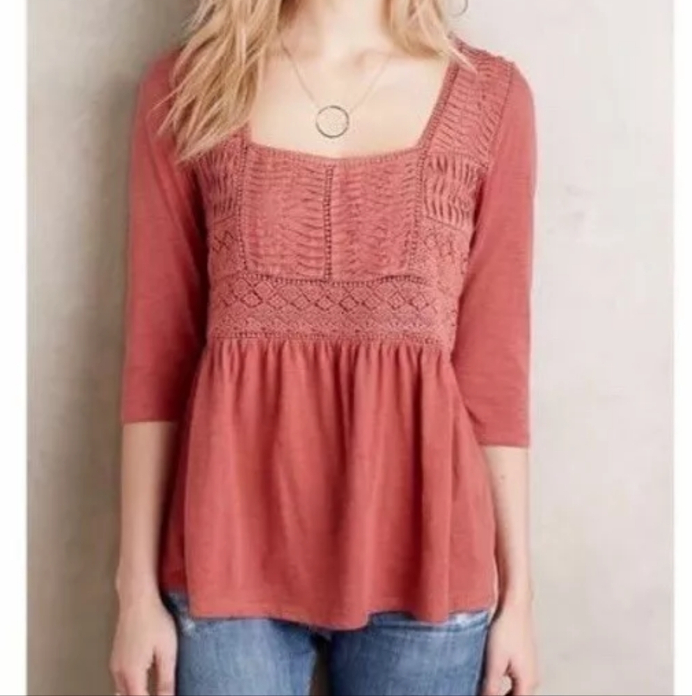 Anthropologie Cotton Crocheted 3/4 Sleeve Nosara Lace Tee by Meadow Rue Small